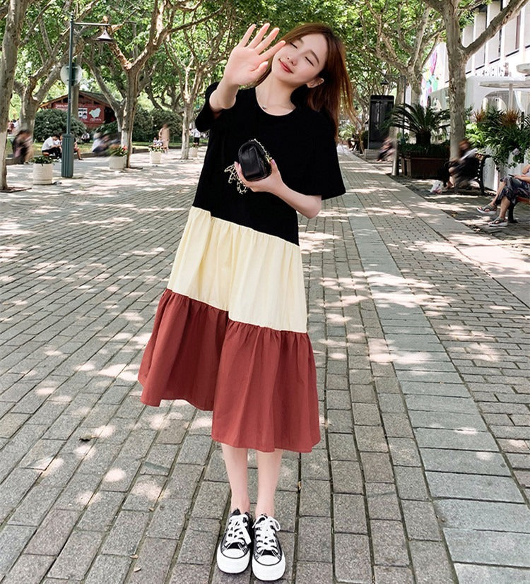 Women'S Fashion Casual Color Blocking Stitching Short Sleeve Loose Dress