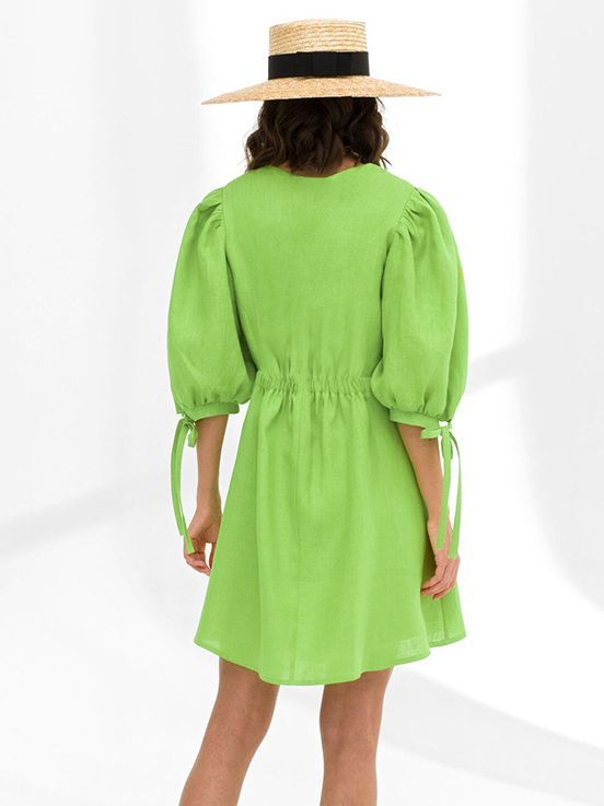 Women Fashion Casual Solid Color Cotton Linen V-Neck Bubble Sleeve Loose Dress