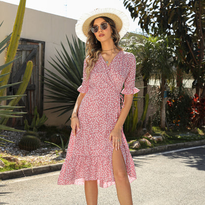 Women Summer Vacation Casual A-Line Short Sleeve Floral Wrap Dress