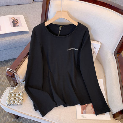 Camiseta informal de manga larga con cuello redondo y color liso de talla grande para mujer