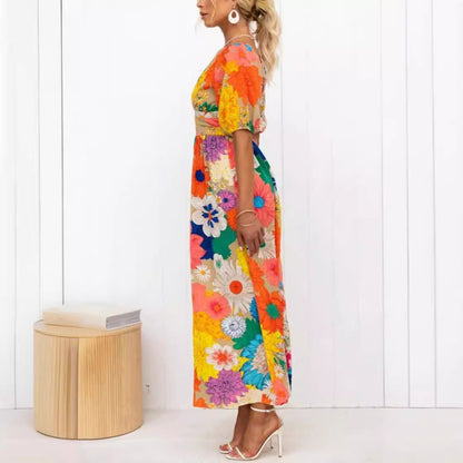 Women Casual Fashion Printed V-Neck Puff Sleeve Vacation Maxi Dress