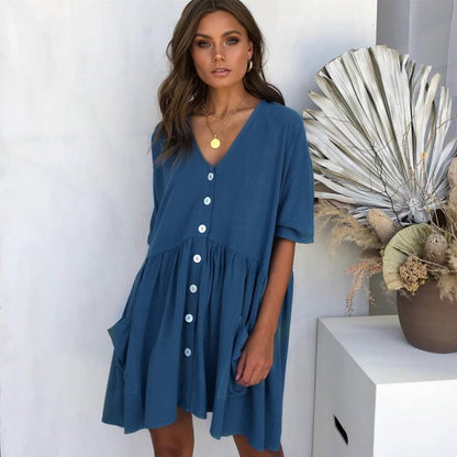 Vestido holgado informal de verano para mujer, con escote en V, botonadura sencilla y manga corta