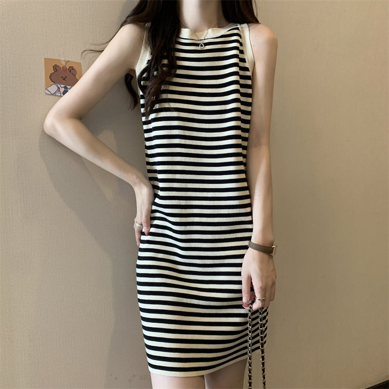 Women Casual Stripe Print Sleeveless Dress