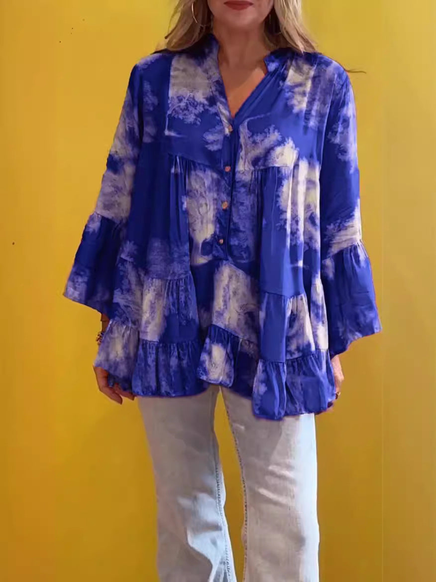 Blusa informal de verano con volantes y manga larga con estampado irregular para mujer