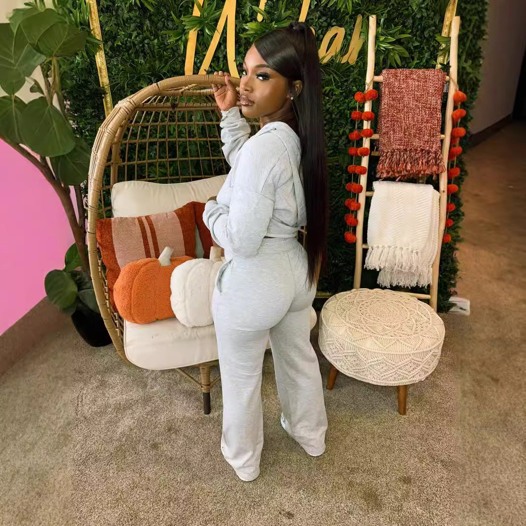 Women Fashion Casual Solid Color Long Sleeve Zipper Hoodies Drawstring Pants Two-Piece Set