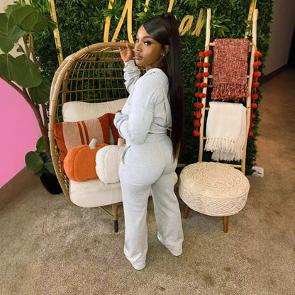 Women Fashion Casual Solid Color Long Sleeve Zipper Hoodies Drawstring Pants Two-Piece Set