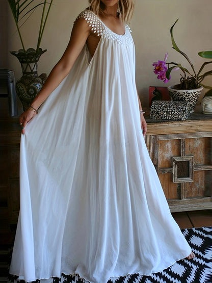 Women Fashion Casual Solid Color U-Neck Sleeveless Tassel Loose Dress