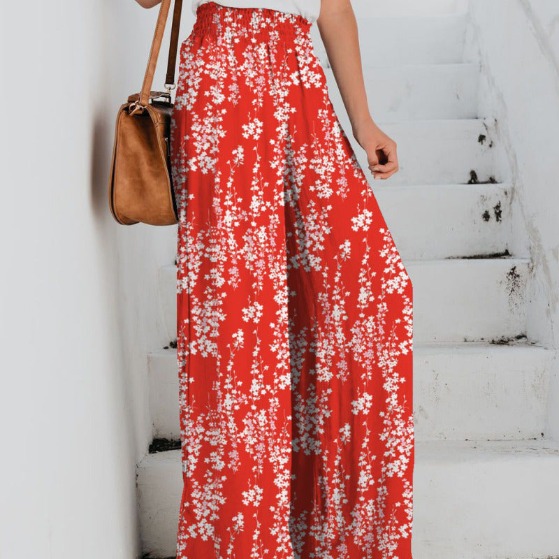Pantalones anchos con cintura elástica y estampado floral informal para mujer