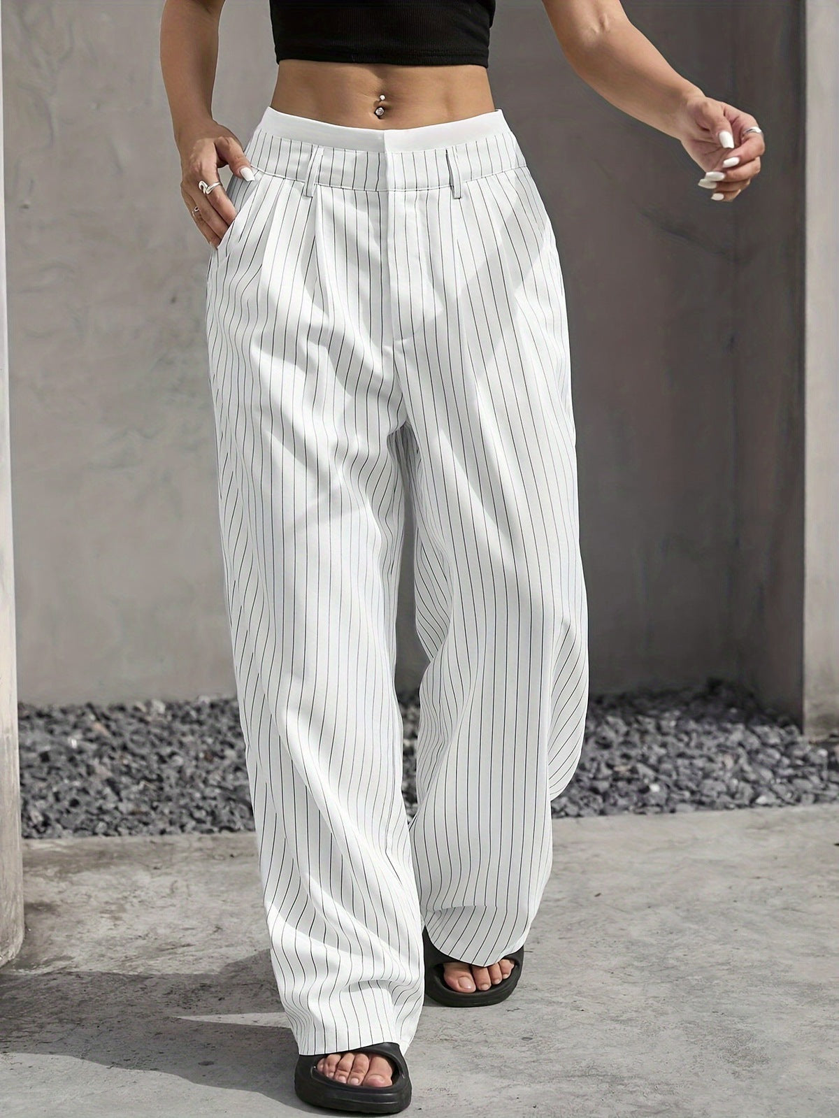 Women Casual Solid Color Stripe High Waist Loose Pants