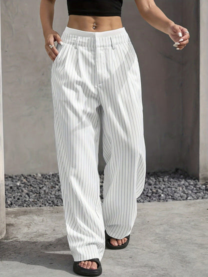 Women Casual Solid Color Stripe High Waist Loose Pants