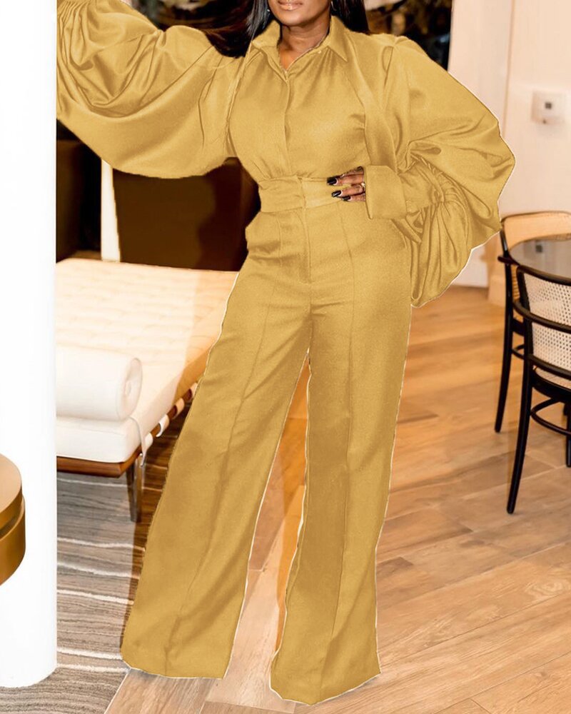 Women Fashion Casual Loose Solid Color Stitching Lapel Long Sleeve Jumpsuit