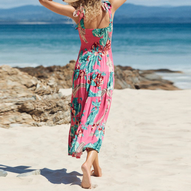 Women Casual Floral Printing Lace-Up Maxi Camisole Dress