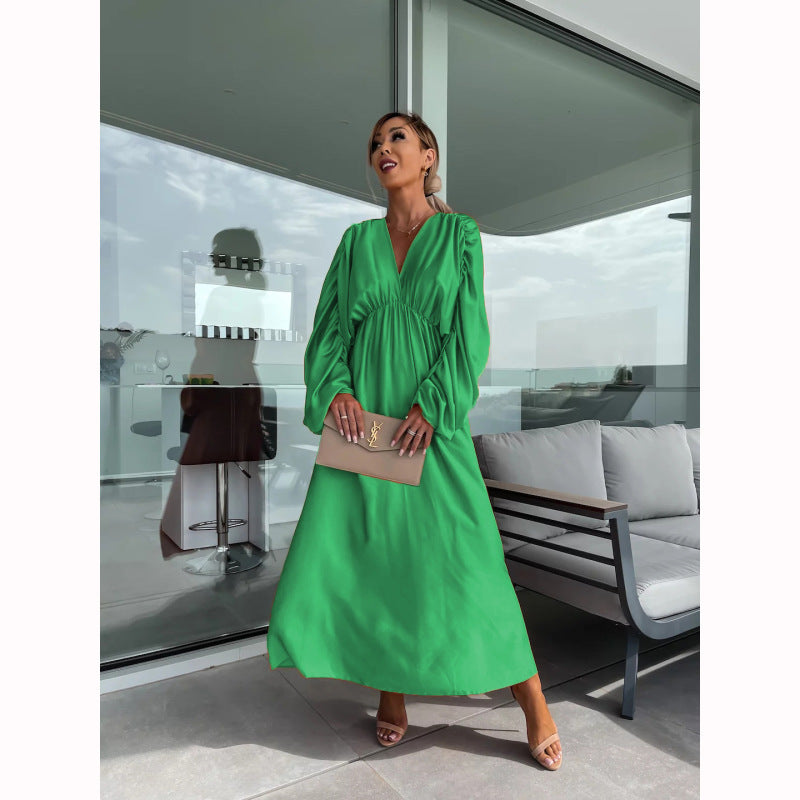 Women'S Casual Boho Solid Color Long Sleeve Pleated V-Neck Dress