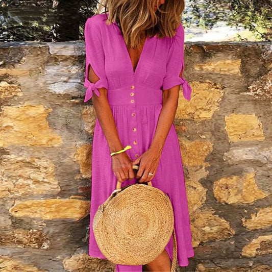 Vestido midi informal de vacaciones para mujer, color liso, con escote en V y media manga anudada