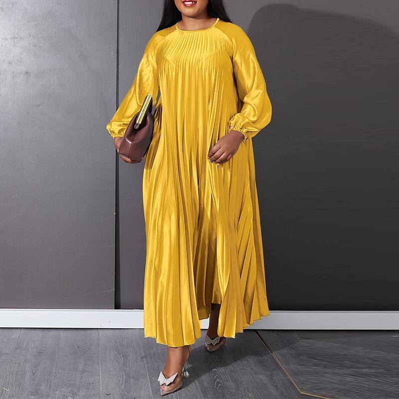Vestido plisado informal de manga larga, holgado, de color liso y talla grande para mujer