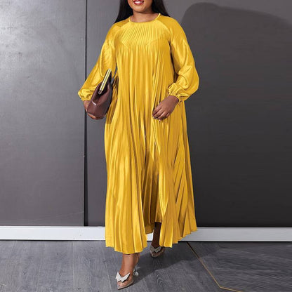 Vestido plisado informal de manga larga, holgado, de color liso y talla grande para mujer