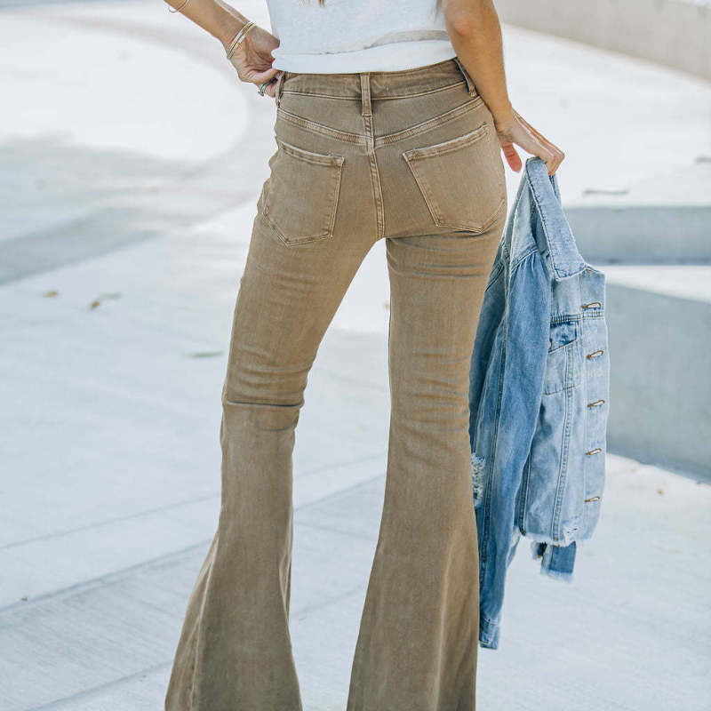 Vaqueros de pierna ancha ajustados informales de cintura alta de color liso para mujer