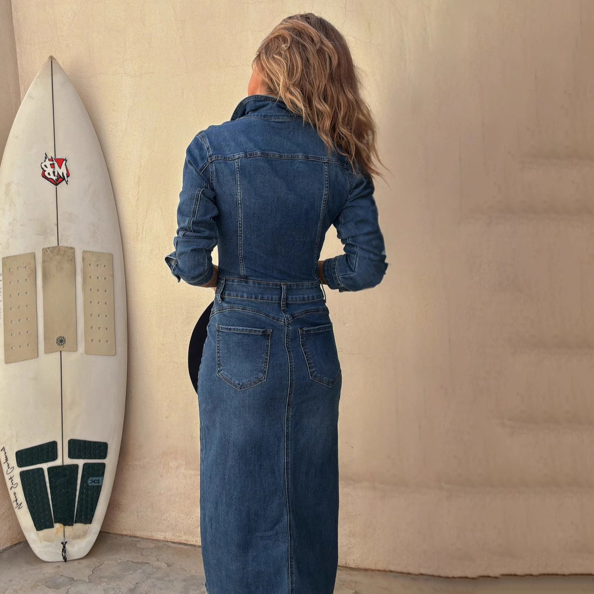 Women Fashion Casual Multi-Button Lapel Long Sleeve Slim Fit Denim Dress