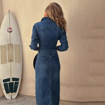 Women Fashion Casual Multi-Button Lapel Long Sleeve Slim Fit Denim Dress