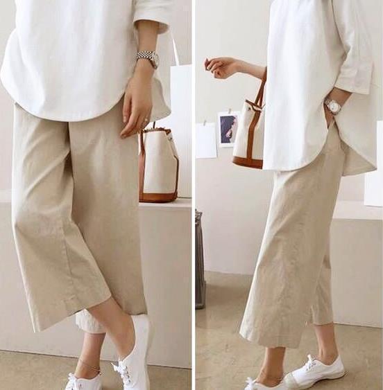 Pantalones de pierna ancha de color liso holgados informales básicos de verano para mujer