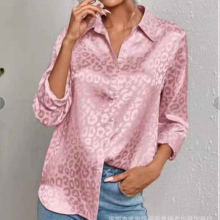 Blusa informal de manga larga con solapa y estampado de leopardo y satén jacquard para mujer