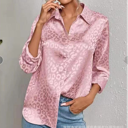 Blusa informal de manga larga con solapa y estampado de leopardo y satén jacquard para mujer