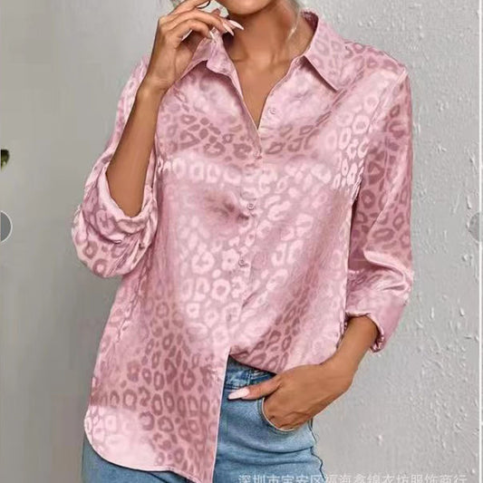 Blusa informal de manga larga con solapa y estampado de leopardo y satén jacquard para mujer