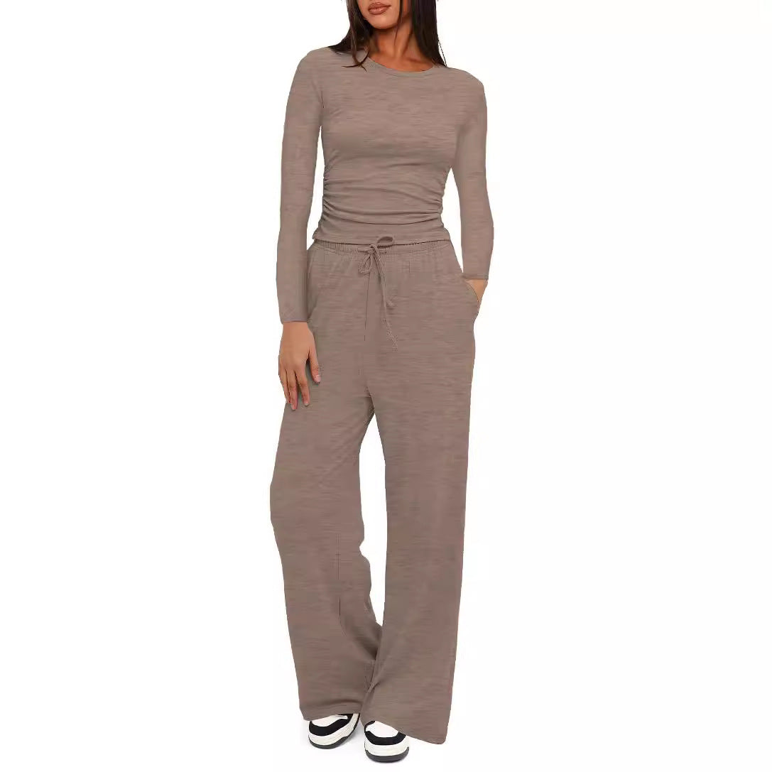 Conjunto de dos piezas formado por camiseta y pantalón de pierna ancha, cintura alta, color liso, informal, sencillo, para mujer