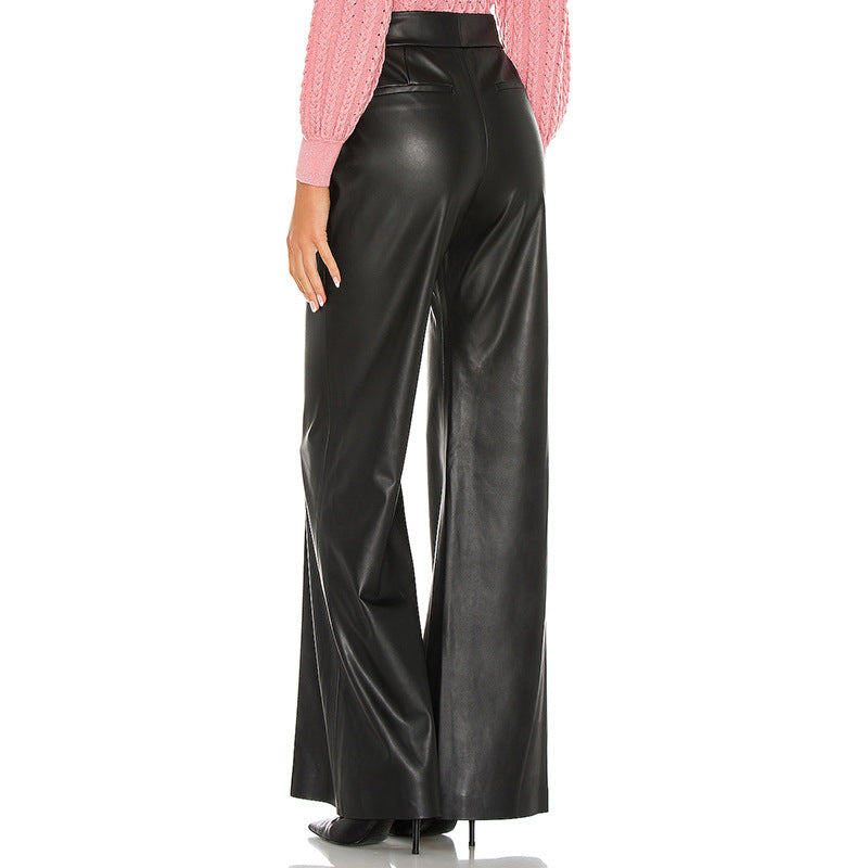 Women Pu Leather Casual High Waist Wide Leg Pants