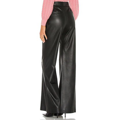 Women Pu Leather Casual High Waist Wide Leg Pants