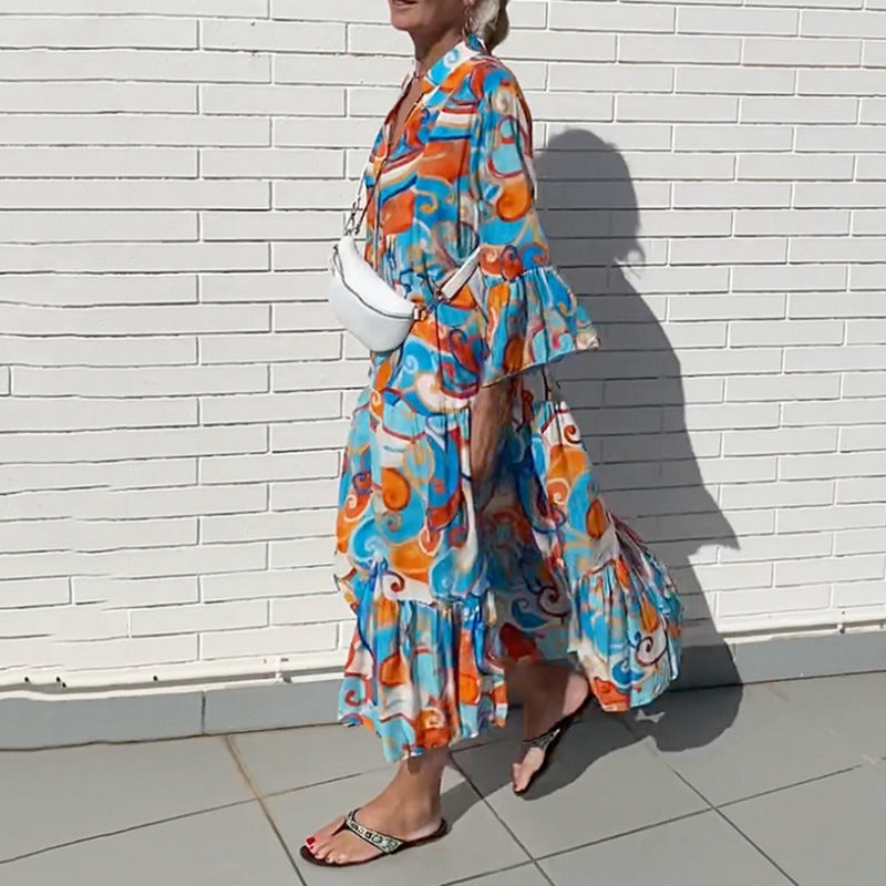 Vestido largo informal de verano para mujer, con escote en V y cintura alta, estampado para vacaciones y playa