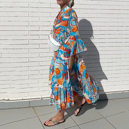 Vestido largo informal de verano para mujer, con escote en V y cintura alta, estampado para vacaciones y playa