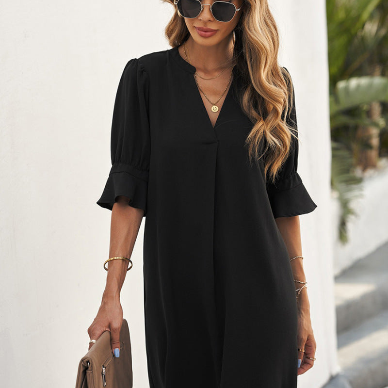 Summer Women Loose Casual Solid Color V-Neck Chiffon Dress