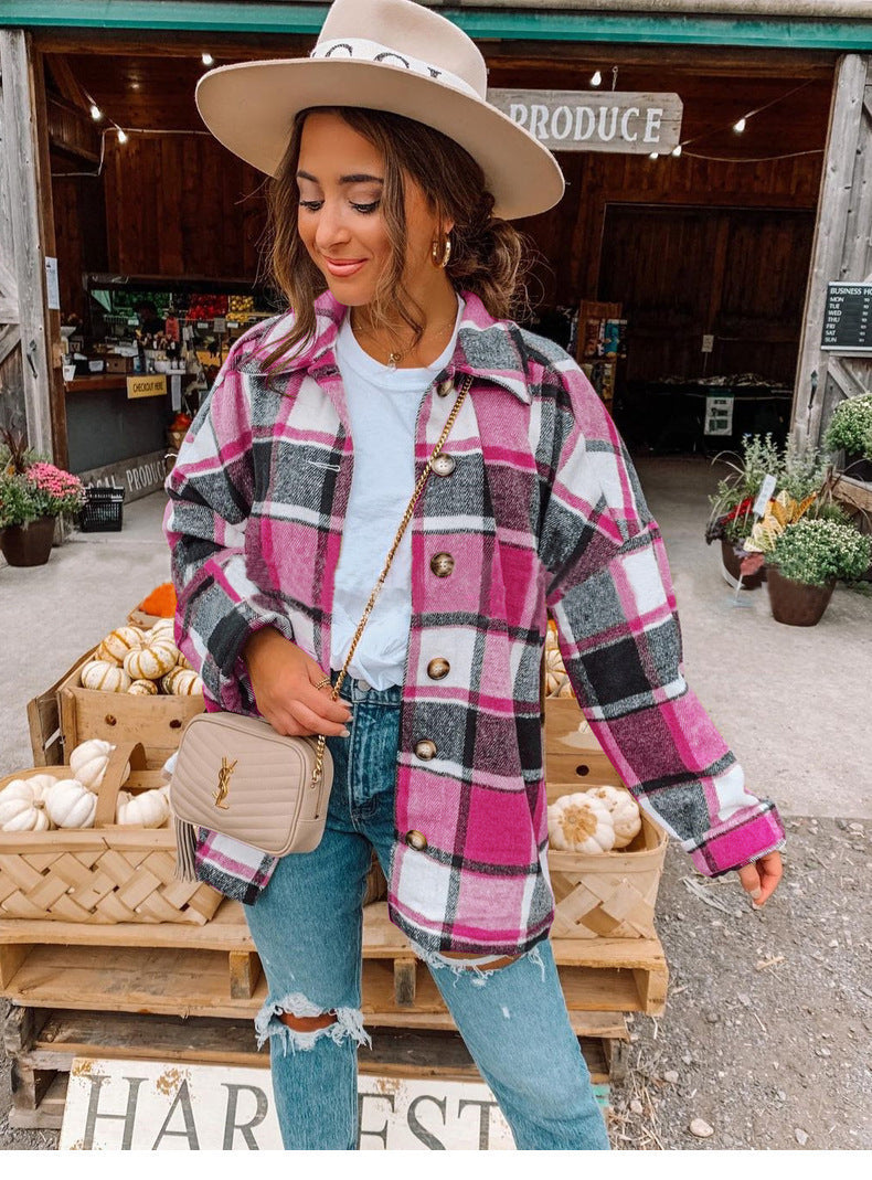 Chaqueta informal de otoño para mujer, con solapa, manga larga y botones, con bloques de color y cuadros