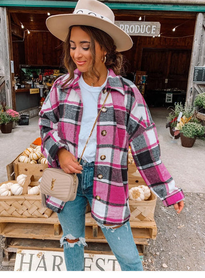 Chaqueta informal de otoño para mujer, con solapa, manga larga y botones, con bloques de color y cuadros