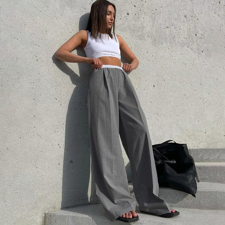 Women Fashion Loose Casual Solid Color Mopping Wide Legs Pants