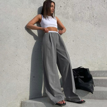 Women Fashion Loose Casual Solid Color Mopping Wide Legs Pants
