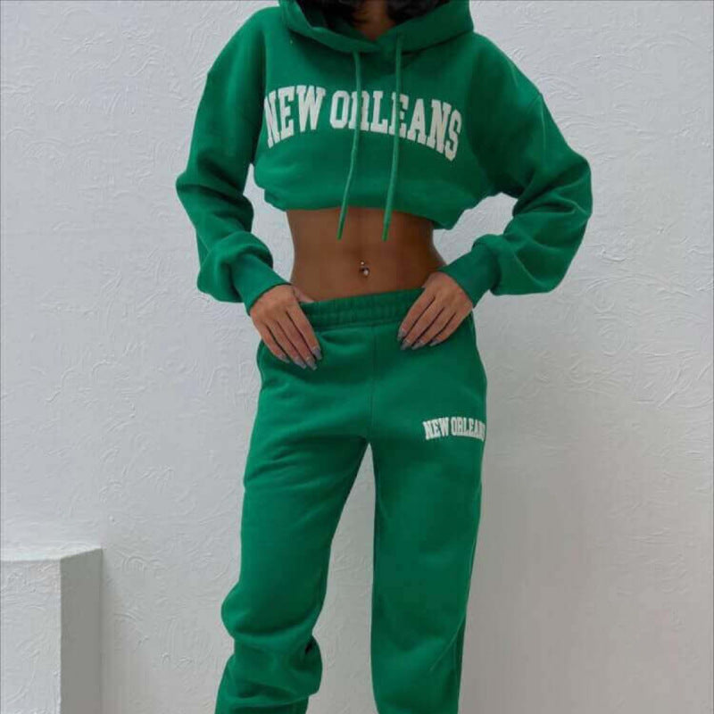 Conjunto deportivo informal de moda para mujer, con capucha y pantalones de chándal, estampado de letras y nombre de ciudad y bolsillo