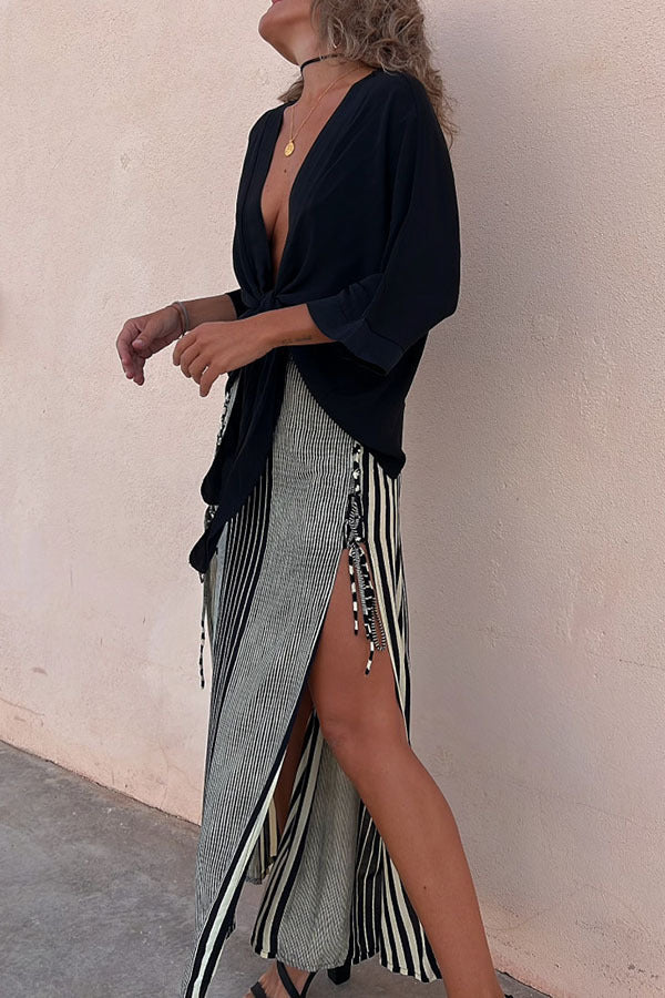 Conjunto de blusa anudada y pantalón con abertura a rayas para mujer, estilo casual de verano
