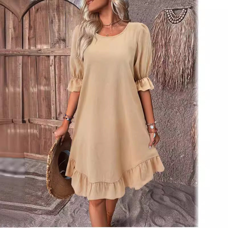 Summer Women Fashion Casual Solid Color Cotton Linen Round Neck Short Sleeve Dress