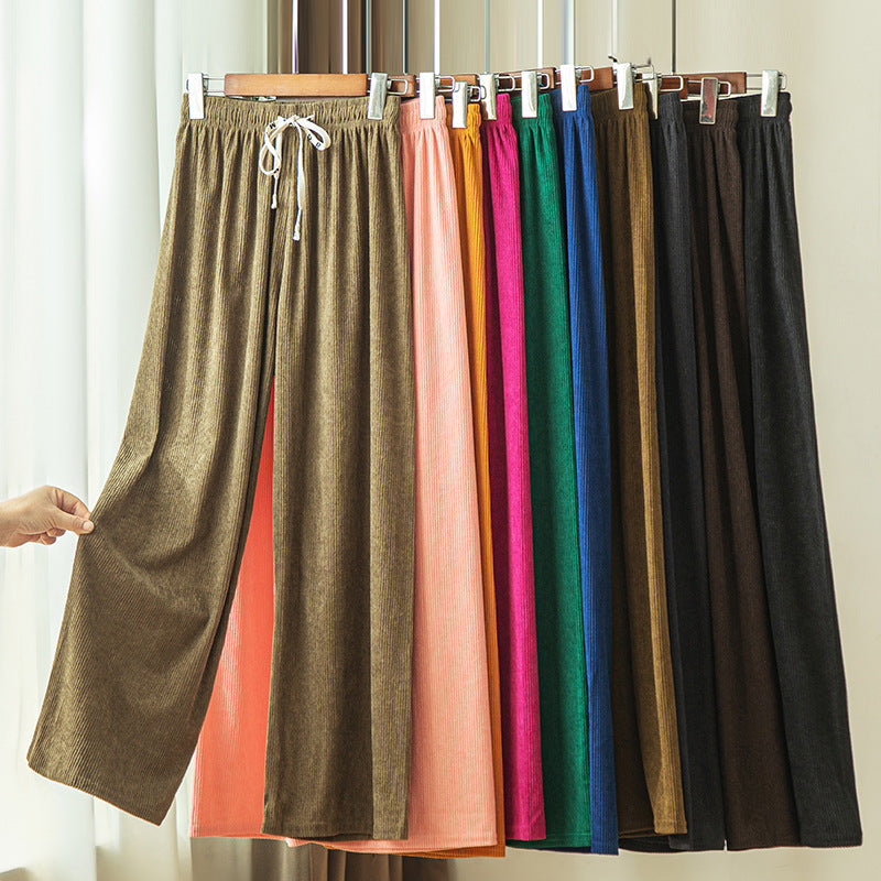 Women Loose Casual High Waist Solid Color Corduroy Wide-Leg Pants