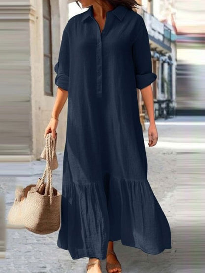 Vestido largo informal de algodón y lino con solapa para mujer, talla grande