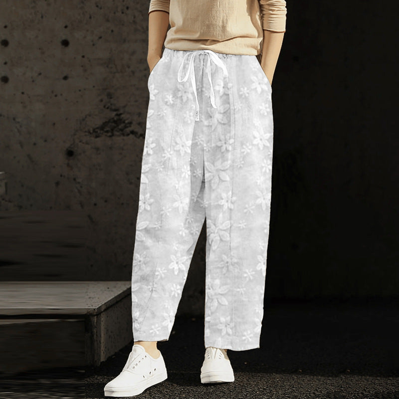 Summer Floral Embroidered Lace-Up Casual Women Crop Pants