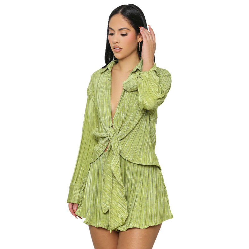 Conjunto de dos piezas para mujer, informal, con dobladillo anudado, manga larga, plisado, a la moda, blusa y pantalones cortos para vacaciones