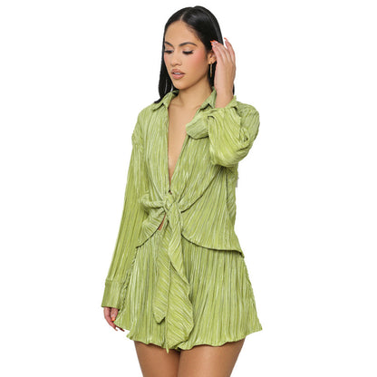 Conjunto de dos piezas para mujer, informal, con dobladillo anudado, manga larga, plisado, a la moda, blusa y pantalones cortos para vacaciones