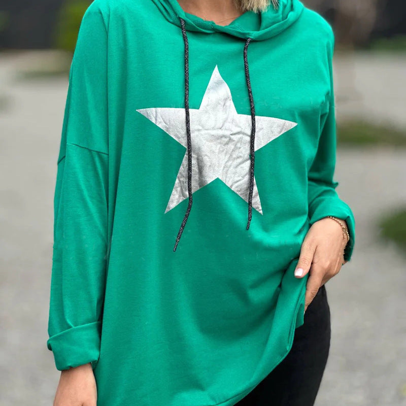 Sudadera con capucha de manga larga con estampado de estrellas para mujer, informal y holgada