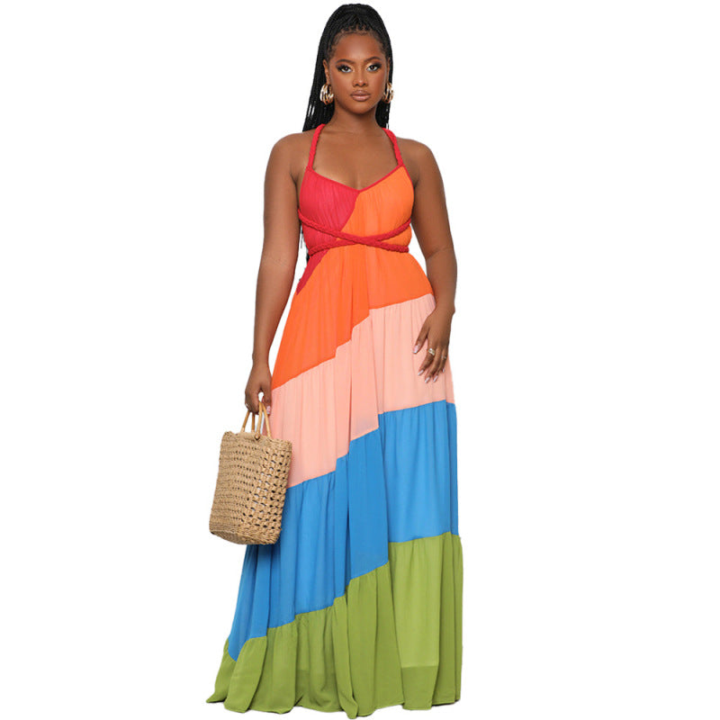 Summer Women Casual Color Blocking Bandage Backless Ruffled Chiffon Dress