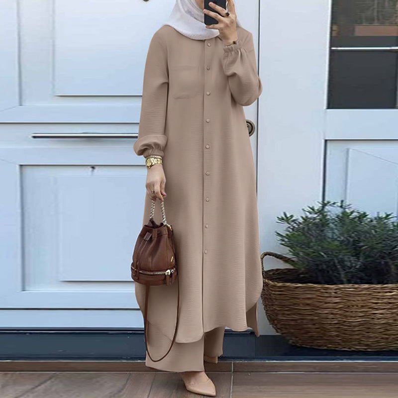 Conjunto de camisa y pantalones de manga larga abaya de color liso informal para mujer