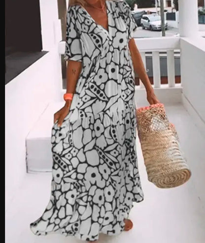 Vestido largo informal de verano con estampado floral y cuello en V para mujer