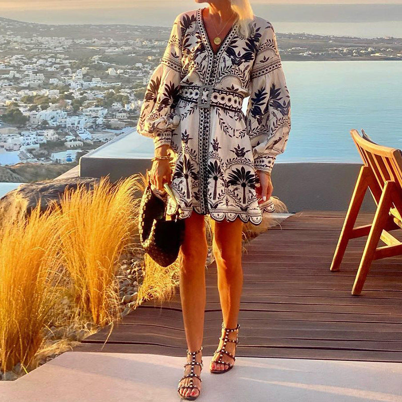 Women Casual Bohemian Print V-Neck Long Sleeve Dress